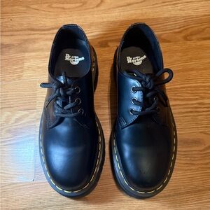 Dr. Martens Black Leather Oxfords with Yellow Stitching